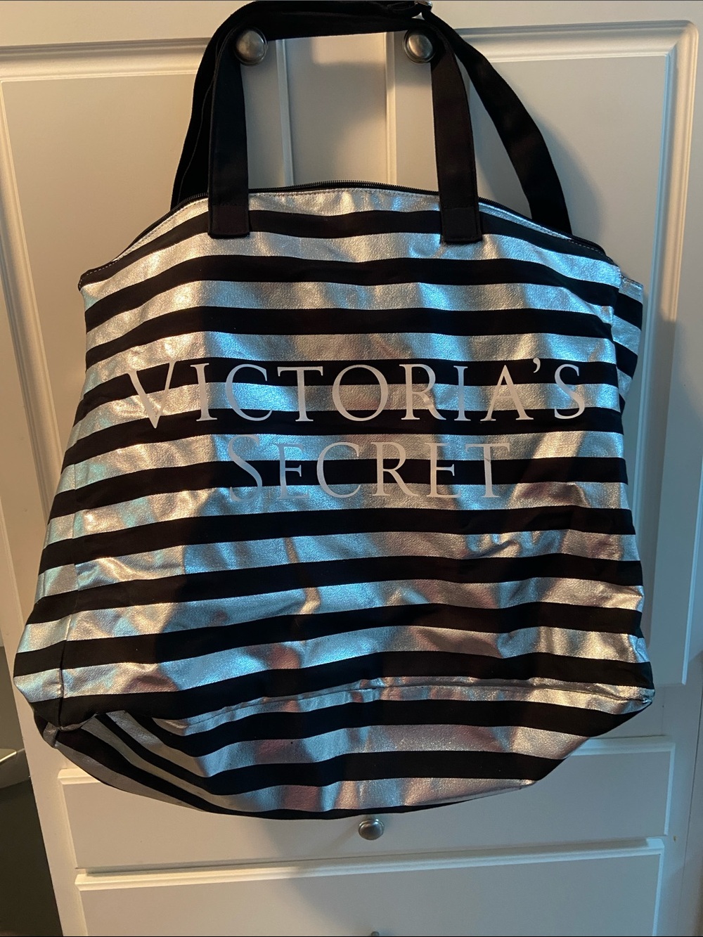 Victoria's Secret Black and Silver Striped Shopper Tote